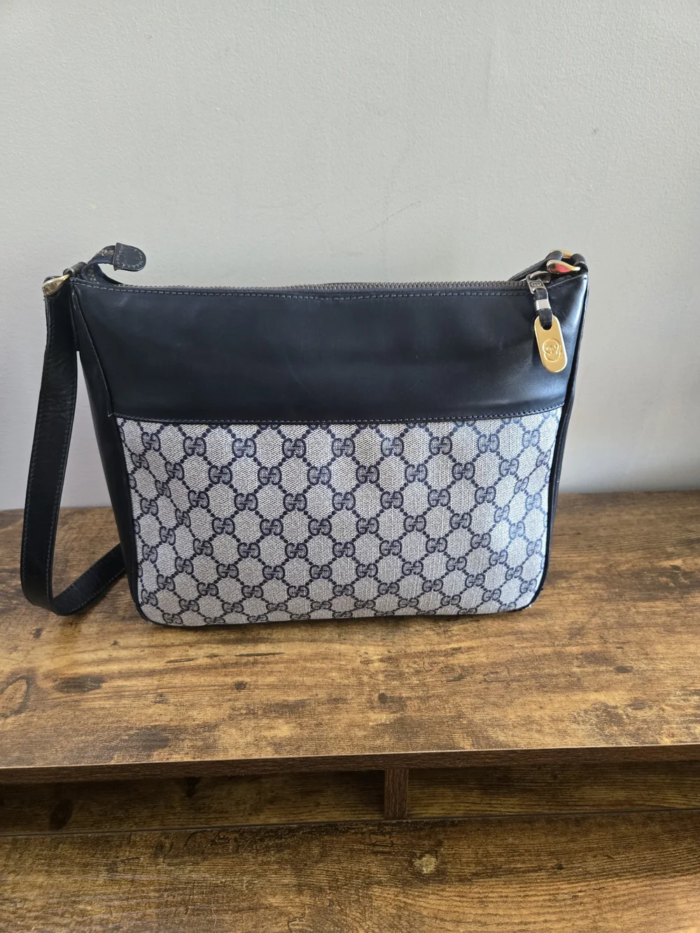 Gucci Vintage Black and Monogram Canvas Shoulder Bag